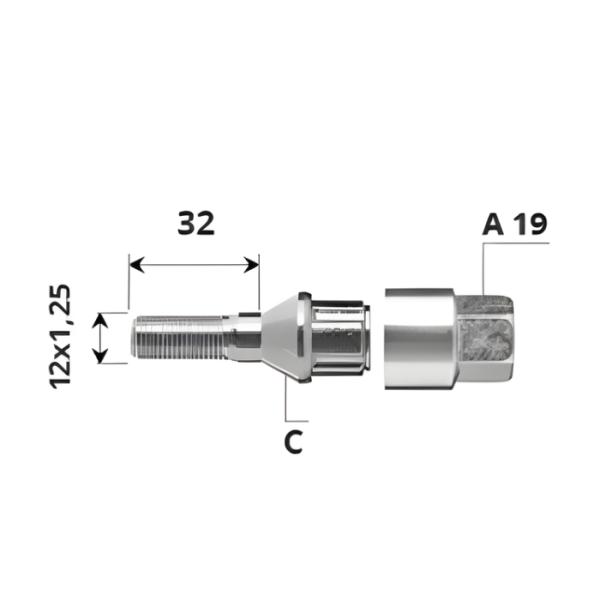 Външен секретен болт 12x1.25x32/C/A19 комплект